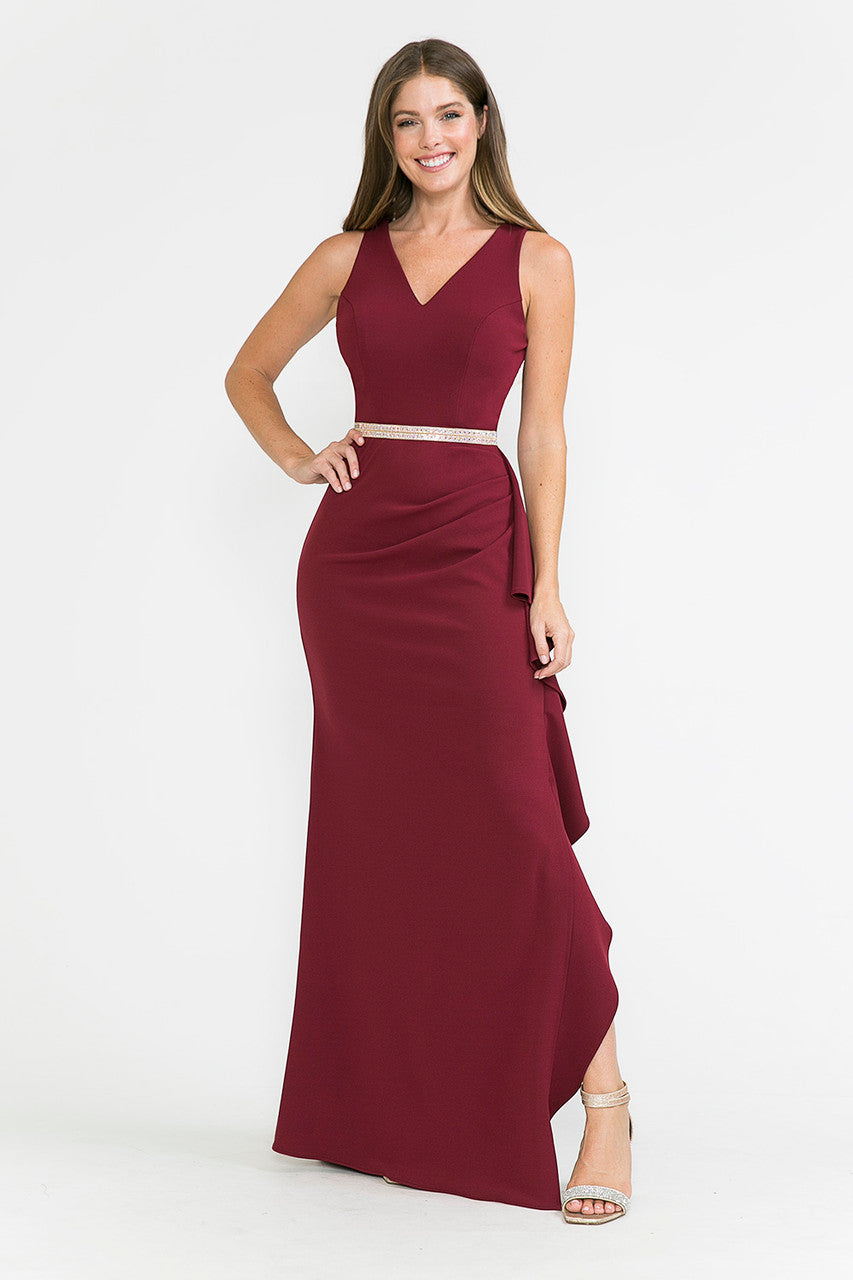 Lenovia 5287 Sleek V-Neck Crepe Dress with Side Slit and Embellished Belt