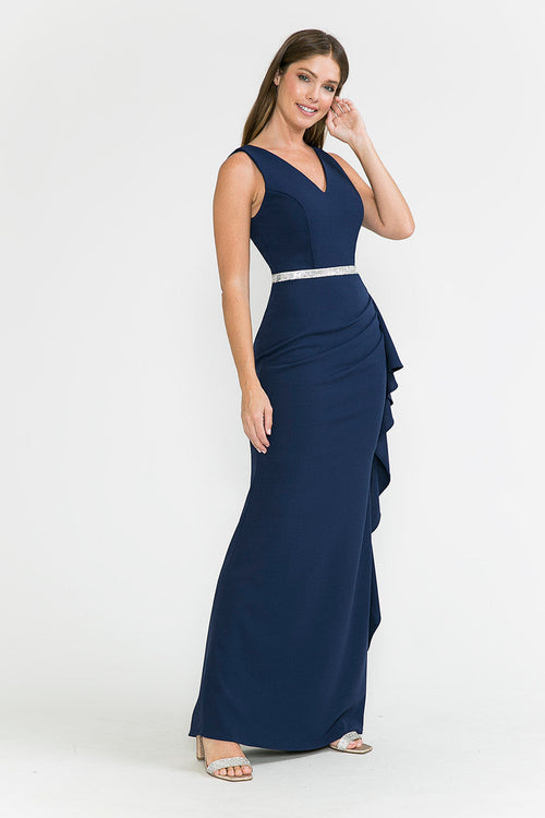 Lenovia 5287 Sleek V-Neck Crepe Dress with Side Slit and Embellished Belt