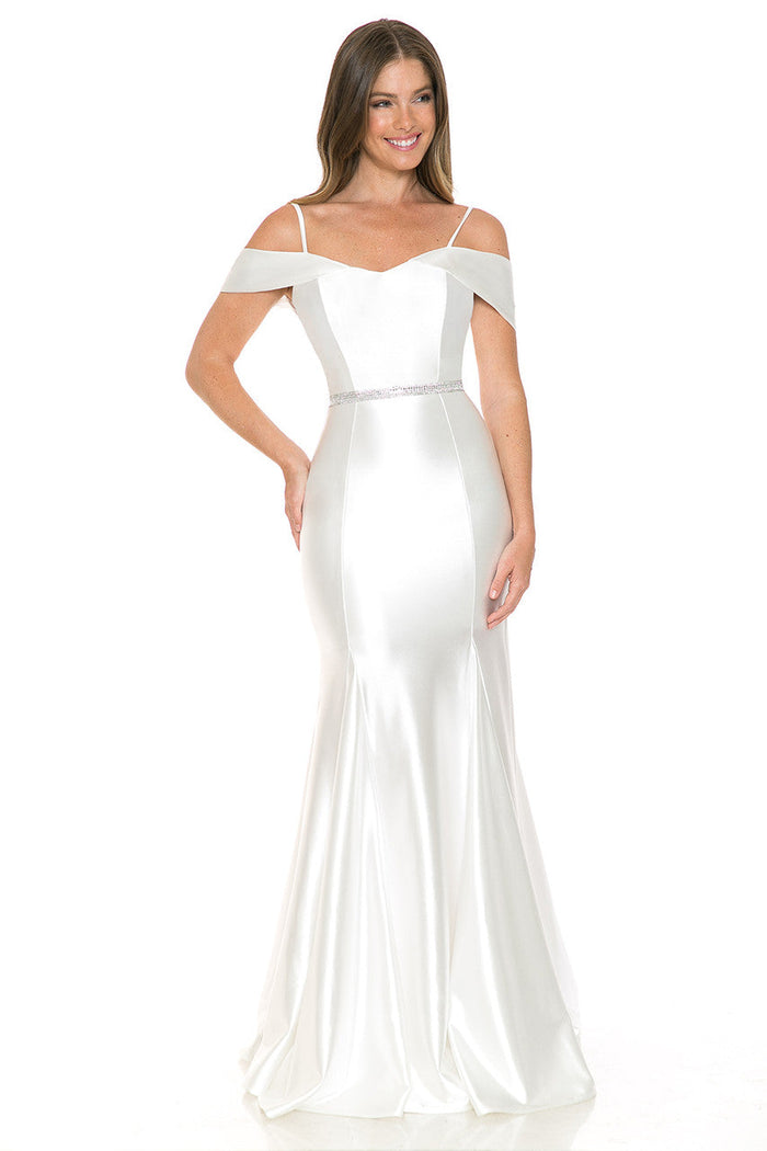 Lenovia 5244 Cold Shoulder Stretch Satin Dress with Beaded Belt