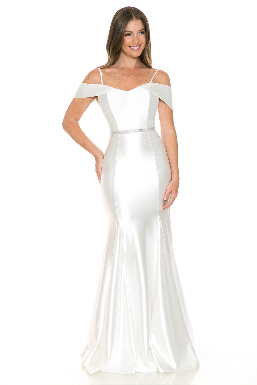 Lenovia 5244 Cold Shoulder Stretch Satin Dress with Beaded Belt