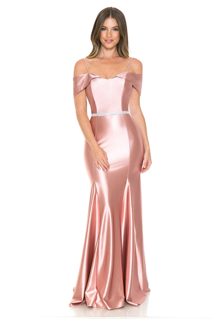 Lenovia 5244 Cold Shoulder Stretch Satin Dress with Beaded Belt