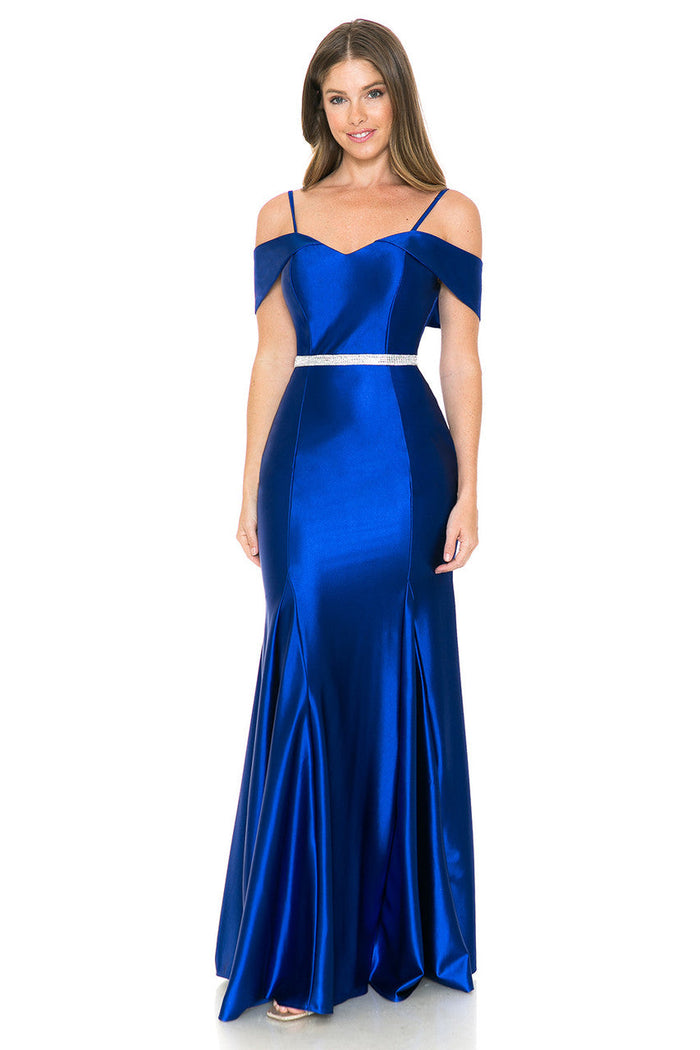 Lenovia 5244 Cold Shoulder Stretch Satin Dress with Beaded Belt