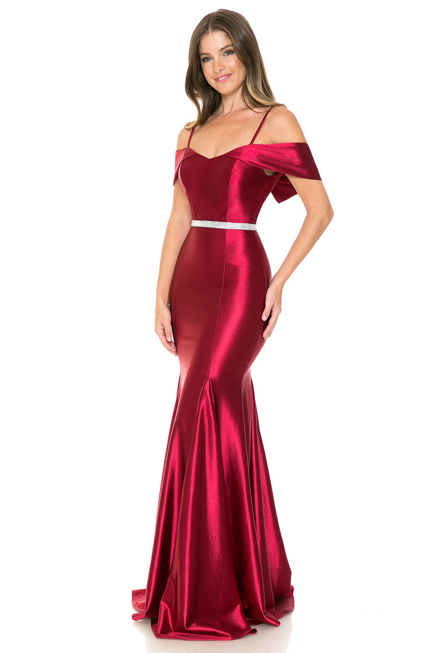 Lenovia 5244 Cold Shoulder Stretch Satin Dress with Beaded Belt