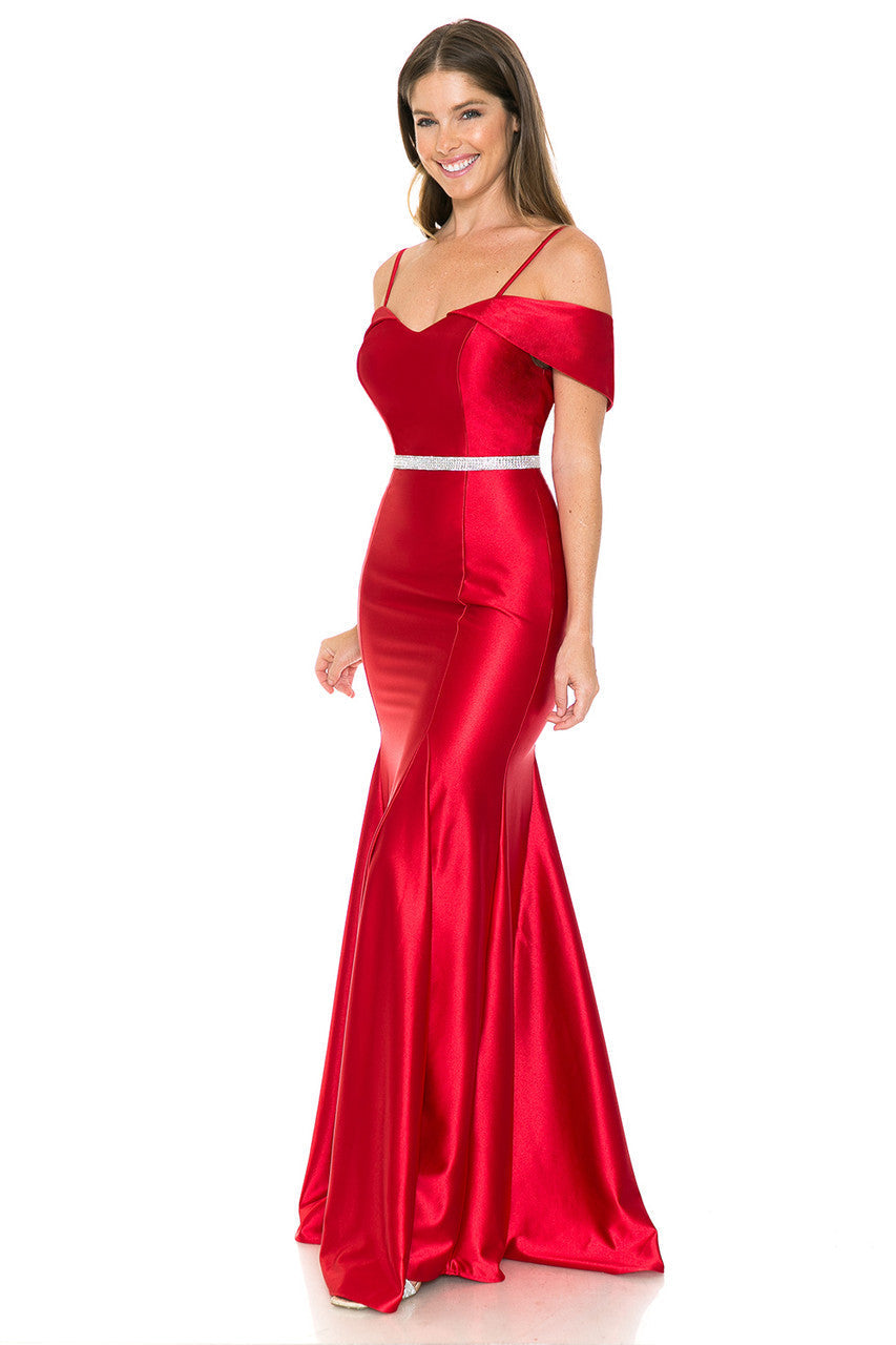 Lenovia 5244 Cold Shoulder Stretch Satin Dress with Beaded Belt