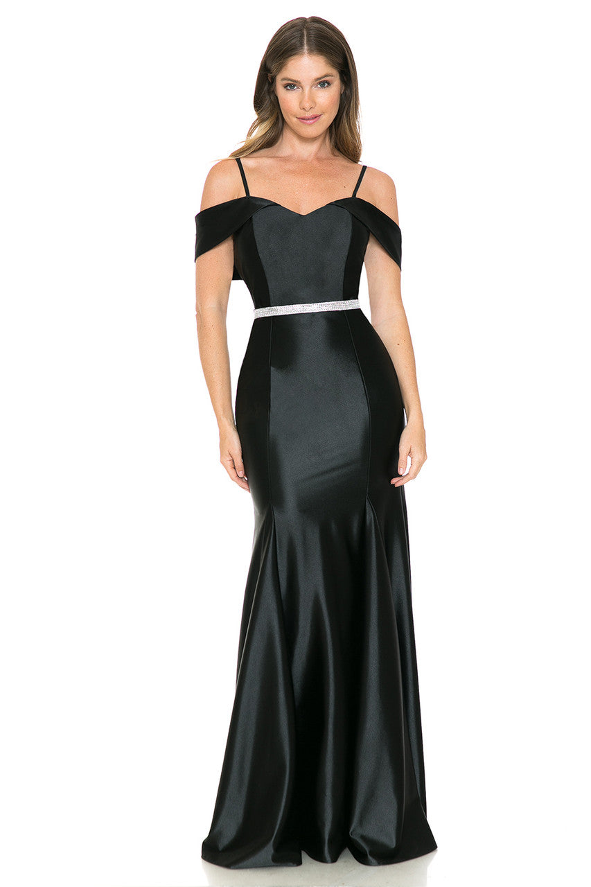 Lenovia 5244 Cold Shoulder Stretch Satin Dress with Beaded Belt