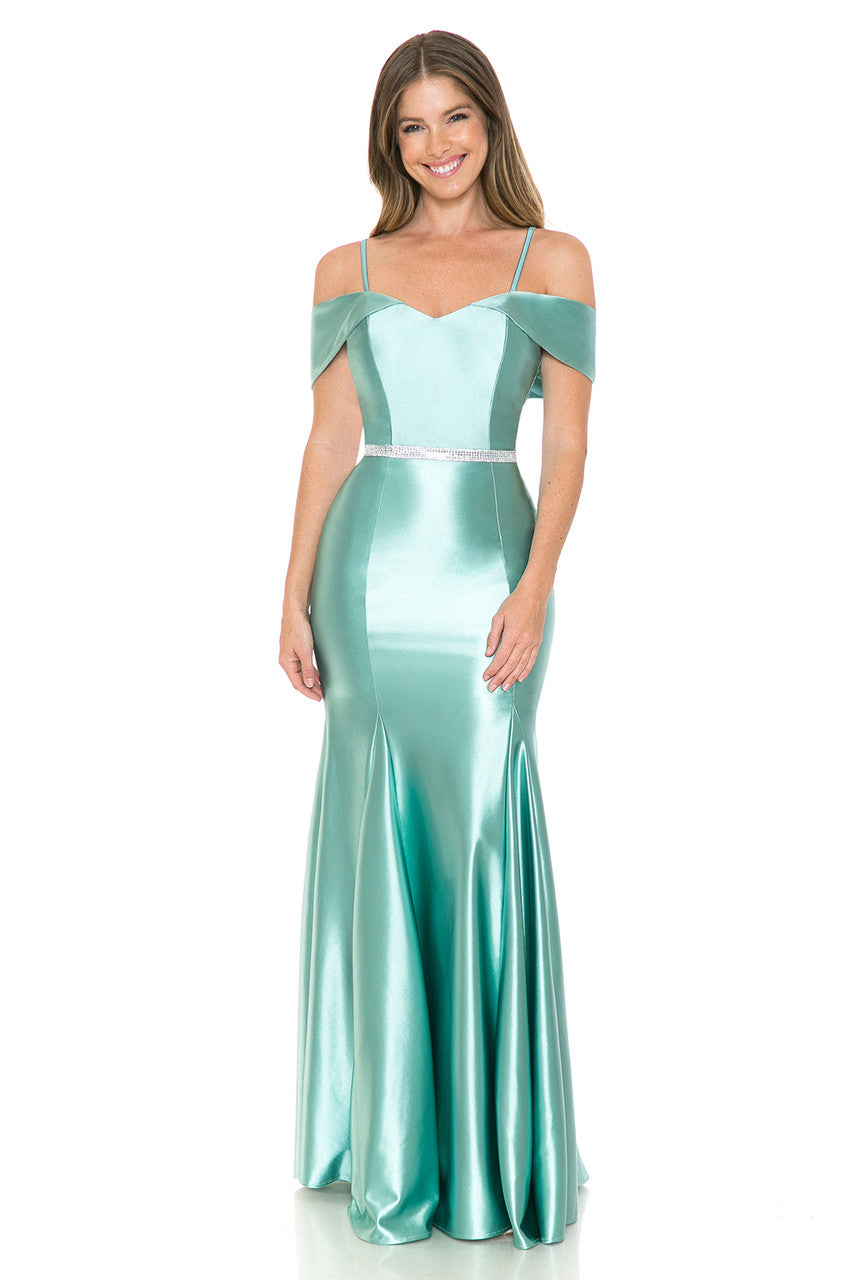 Lenovia 5244 Cold Shoulder Stretch Satin Dress with Beaded Belt