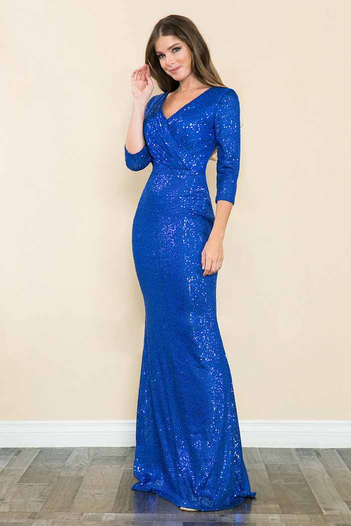 Sequin V-Neck Mermaid Evening Gown with 3/4 Sleeves Formal Dress By Lenovia 8186