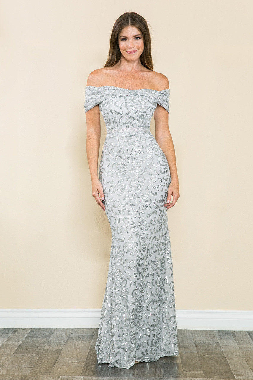 Lenovia 5210 Sequined Off-Shoulder Ruched Stretch Dress with Beaded Belt