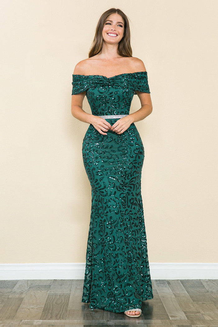 Lenovia 5210 Sequined Off-Shoulder Ruched Stretch Dress with Beaded Belt