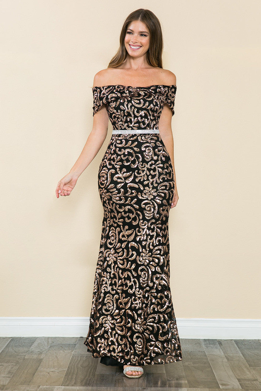 Lenovia 5210 Sequined Off-Shoulder Ruched Stretch Dress with Beaded Belt – SuitUSA