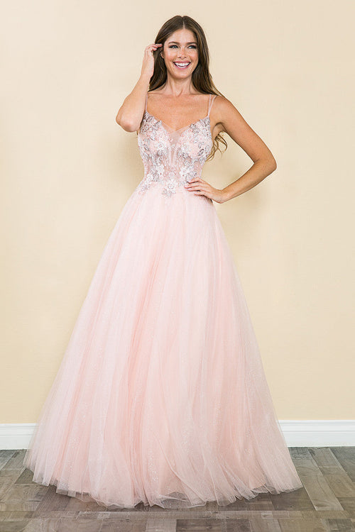 Glitter Tulle A-Line Gown with Floral Lace Appliqué Bodice and Double Spaghetti Straps Prom Dress By Lenovia 8182