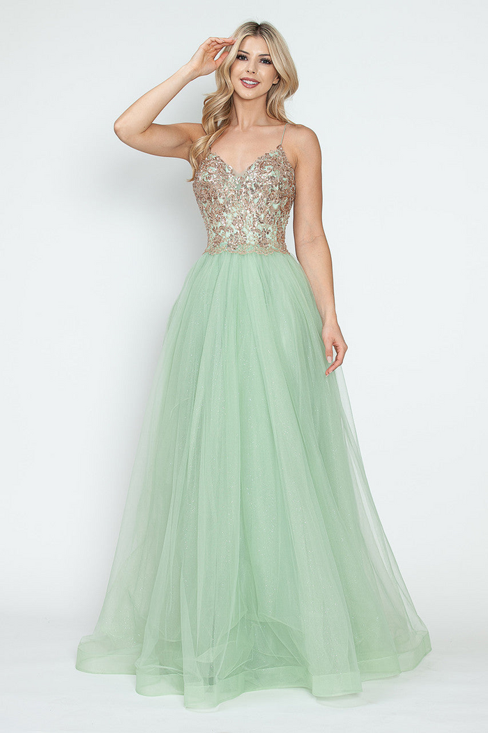 Sequin V-Neck A-Line Tulle Evening Gown with Lace Bodice Sleeveless Formal Prom Dress By Lenovia 8236