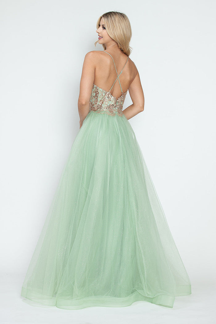 Sequin V-Neck A-Line Tulle Evening Gown with Lace Bodice Sleeveless Formal Prom Dress By Lenovia 8236