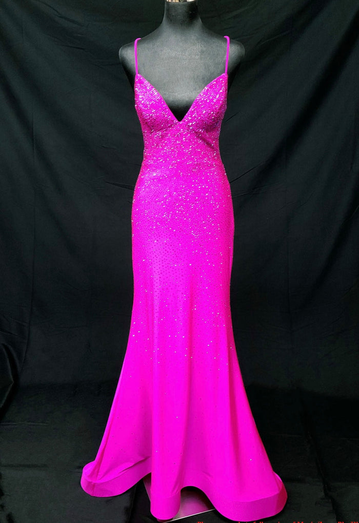 Chicas C838 Modern Red Mermaid Spaghetti-Strap Floor-Length Shimmer Fabric Dress