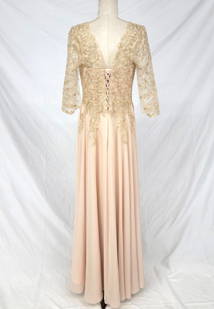 Chicas J070 Bridal Gold A-Line Floor-Length Sequin Embroidered Chiffon Dress