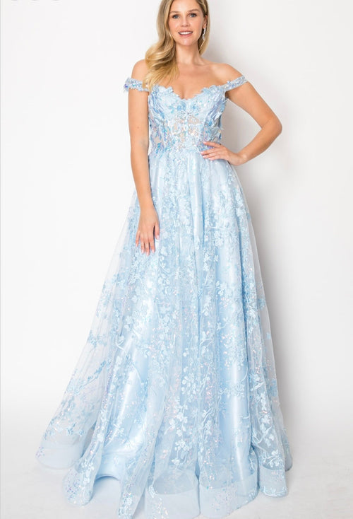 Chicas C818 Printed Blue A-Line Floral Floor-Length Corset Tulle Dress