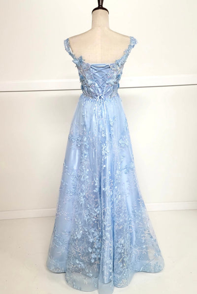 Chicas C818 Printed Blue A-Line Floral Floor-Length Corset Tulle Dress