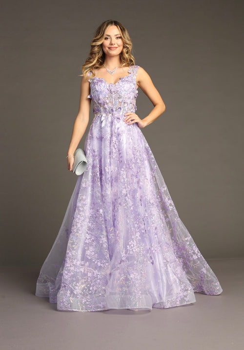 Chicas C818 Printed Blue A-Line Floral Floor-Length Corset Tulle Dress