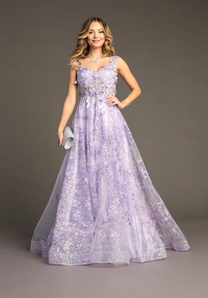 Chicas C818 Printed Blue A-Line Floral Floor-Length Corset Tulle Dress