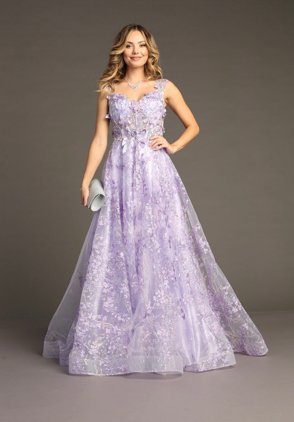 Chicas C818 Printed Blue A-Line Floral Floor-Length Corset Tulle Dress