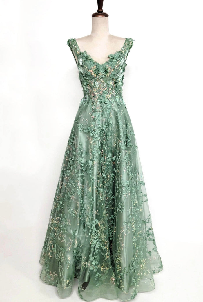 Chicas C818 Printed Blue A-Line Floral Floor-Length Corset Tulle Dress
