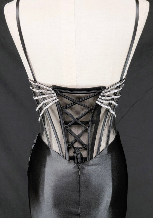 Chicas C374 Evening Black Spaghetti-Strap Floor-Length Corset Beaded Satin Dress