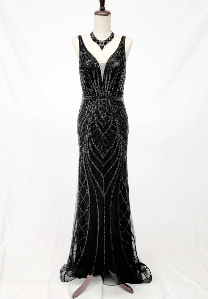 Chicas C830 Evening Silver Floor-Length Shimmer Strappy Mesh Dress