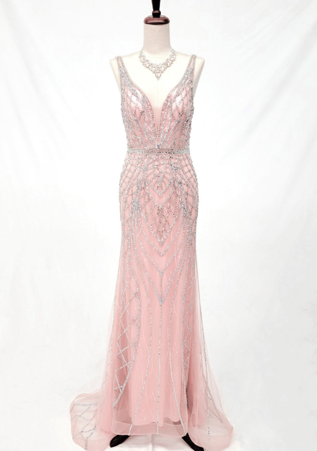 Chicas C830 Evening Silver Floor-Length Shimmer Strappy Mesh Dress