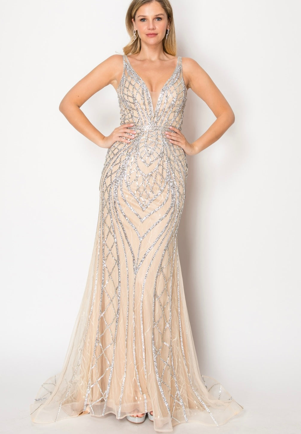 Chicas C830 Evening Silver Floor-Length Shimmer Strappy Mesh Dress
