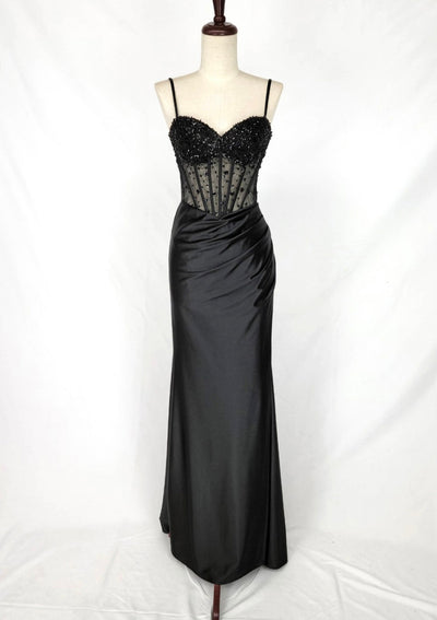 Chicas C361 Elegant Evening Black Spaghetti-Strap Floor-Length Corset Satin Dress
