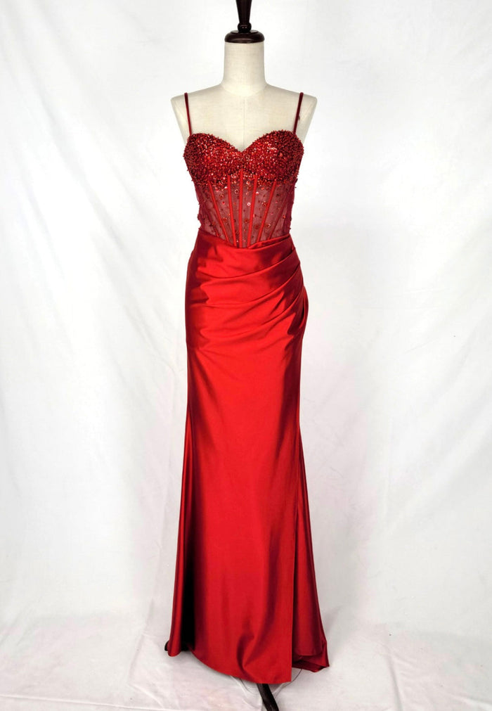 Chicas C361 Elegant Evening Black Spaghetti-Strap Floor-Length Corset Satin Dress