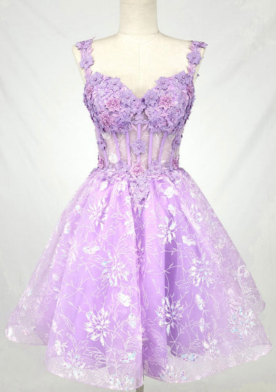Chicas C352 Elegant Printed Lilac A-Line Floral Short Tulle Dress