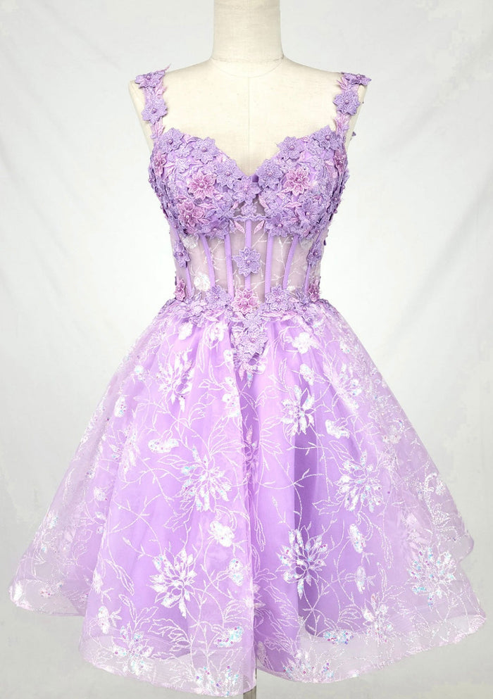 Chicas C352 Elegant Printed Lilac A-Line Floral Short Tulle Dress