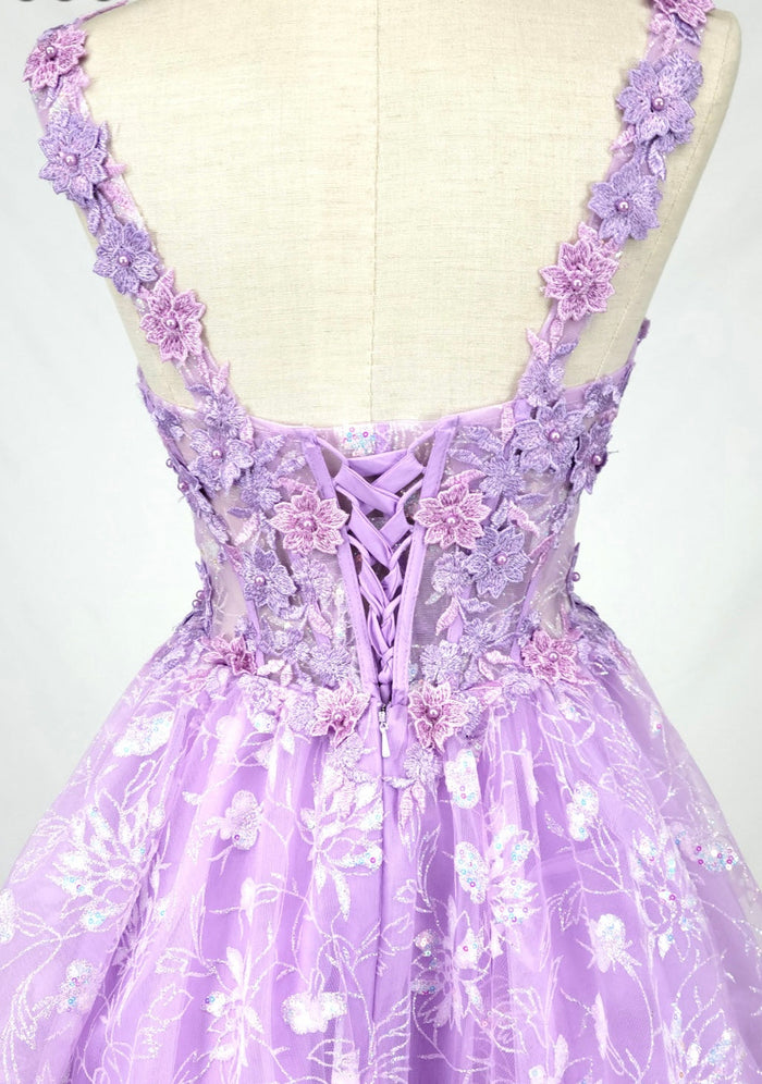 Chicas C352 Elegant Printed Lilac A-Line Floral Short Tulle Dress
