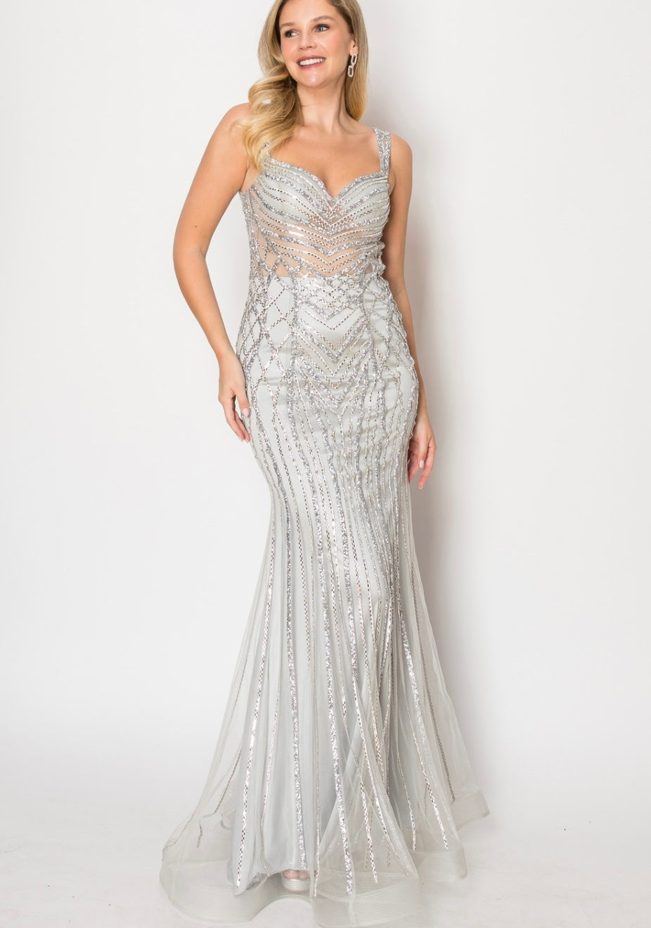 Chicas C835 Evening Silver Mermaid Sweetheart Floor-Length Tulle Dress