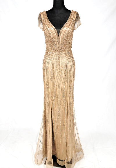 Chicas C832 Bridal Champagne Floor-Length Sequin Shimmer Lace Dress