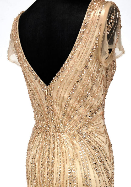 Chicas C832 Bridal Champagne Floor-Length Sequin Shimmer Lace Dress