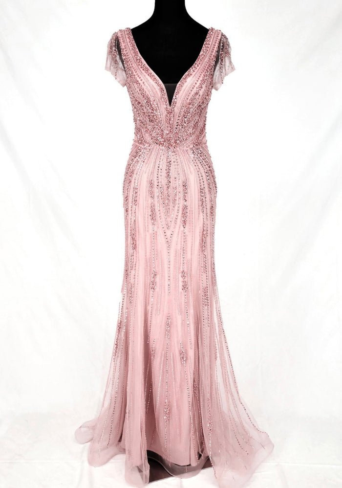 Chicas C832 Bridal Champagne Floor-Length Sequin Shimmer Lace Dress