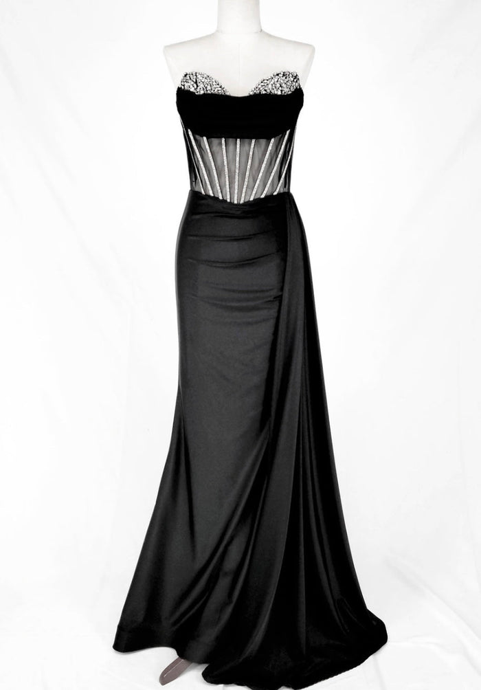Chicas C367 Elegant Evening Black Strapless Floor-Length Corset Satin Dress