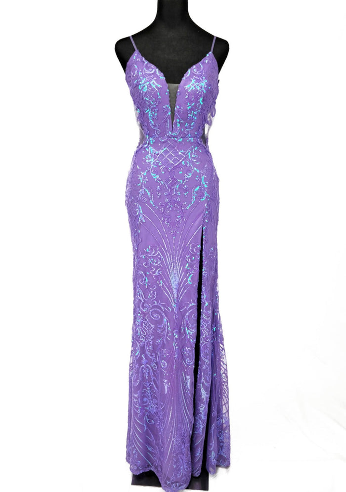 Chicas C369 Modern Evening Gold Illusion Floor-Length High-Slit Fabric Dress