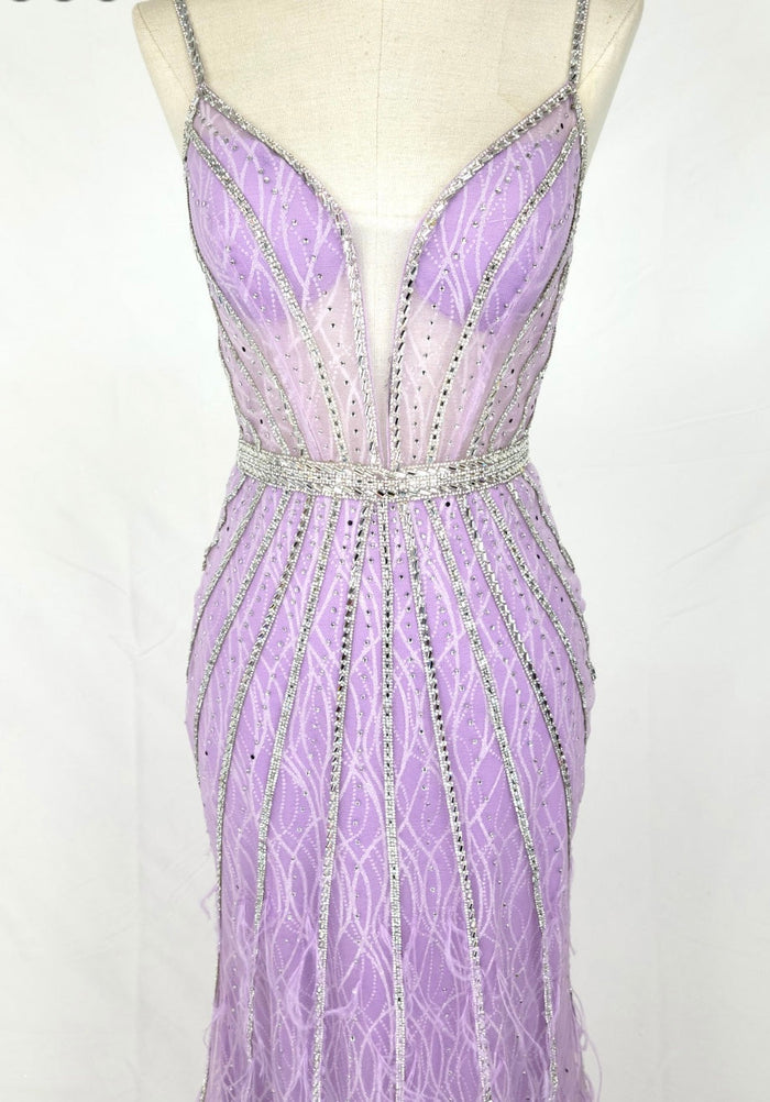 Chicas C827 Prom Blue Spaghetti-Strap Floor-Length Corset Beaded Fabric Dress
