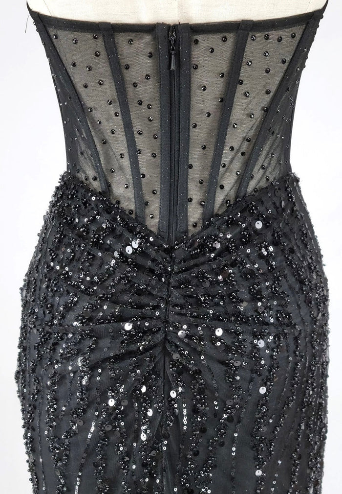 Chicas C366 Evening Black Strapless Floor-Length Corset High-Slit Fabric Dress