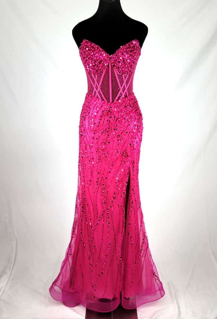Chicas C366 Evening Black Strapless Floor-Length Corset High-Slit Fabric Dress