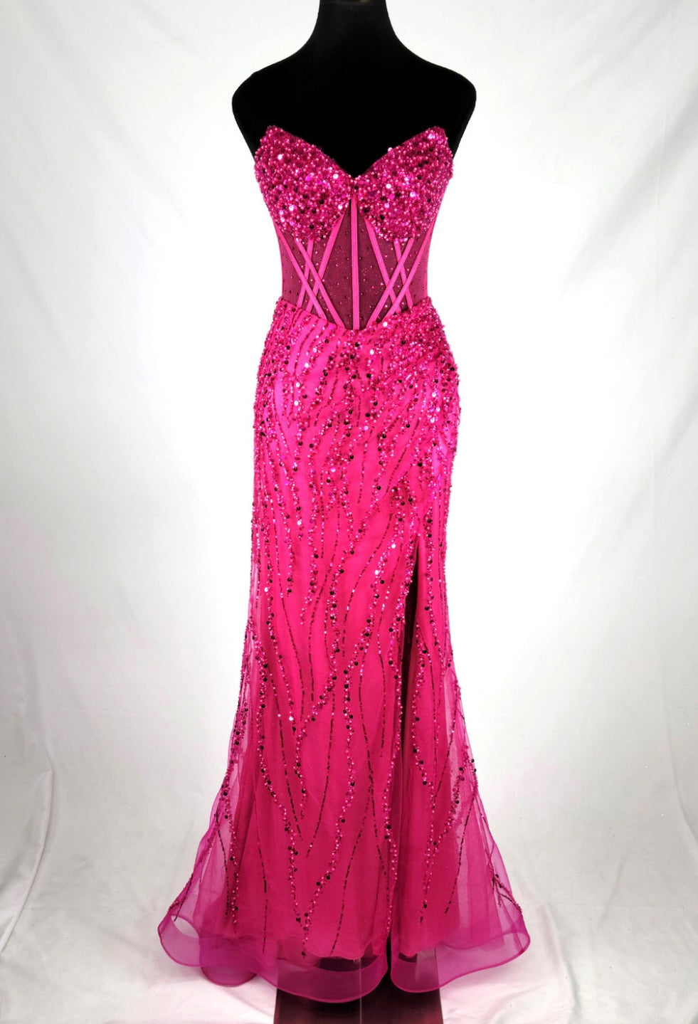 Chicas C366 Evening Black Strapless Floor-Length Corset High-Slit Fabric Dress