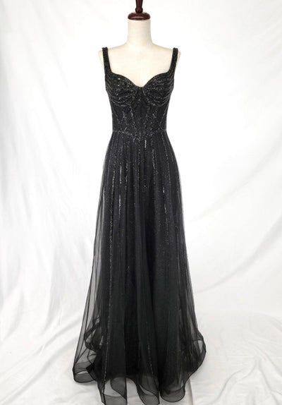 Chicas C834 Elegant Glitter Evening Black A-Line Floor-Length Tulle Dress