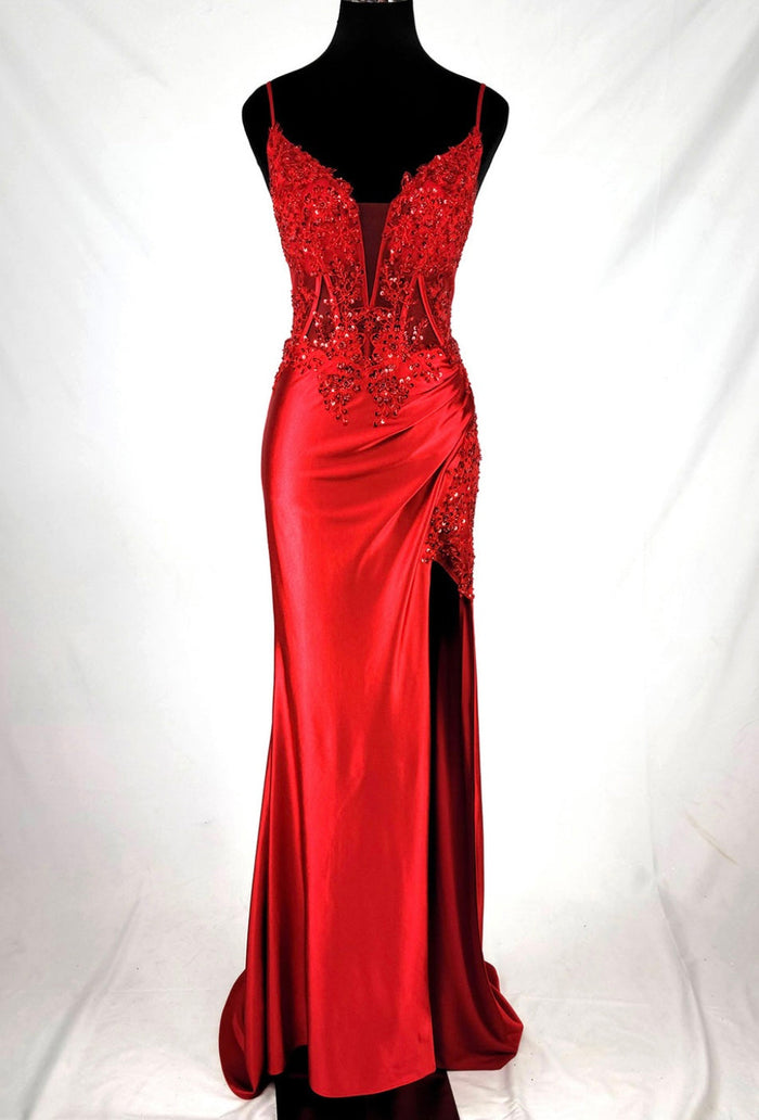 Chicas D501 Elegant Evening Black Illusion Floor-Length Corset Satin Dress