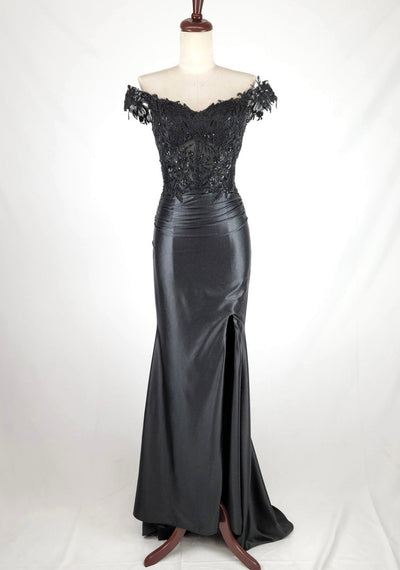 Chicas J054 Elegant Evening Black Floor-Length High-Slit Beaded Satin Dress