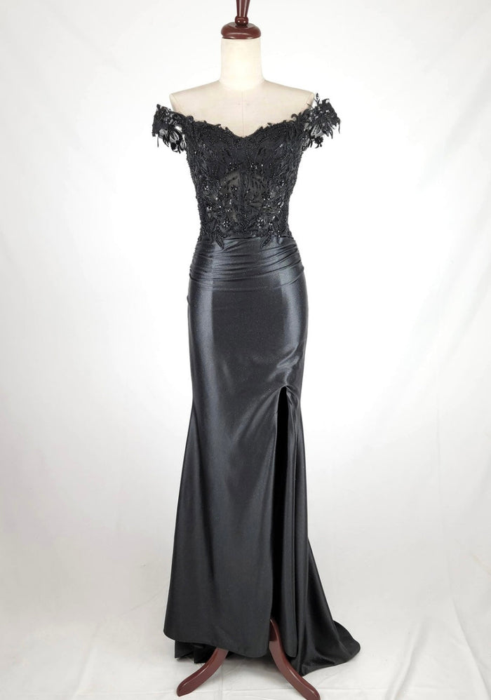 Chicas J054 Elegant Evening Black Floor-Length High-Slit Beaded Satin Dress