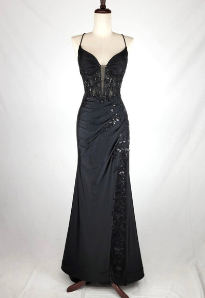 Chicas D502 Evening Black Illusion Floor-Length High-Slit Sequin Satin Dress