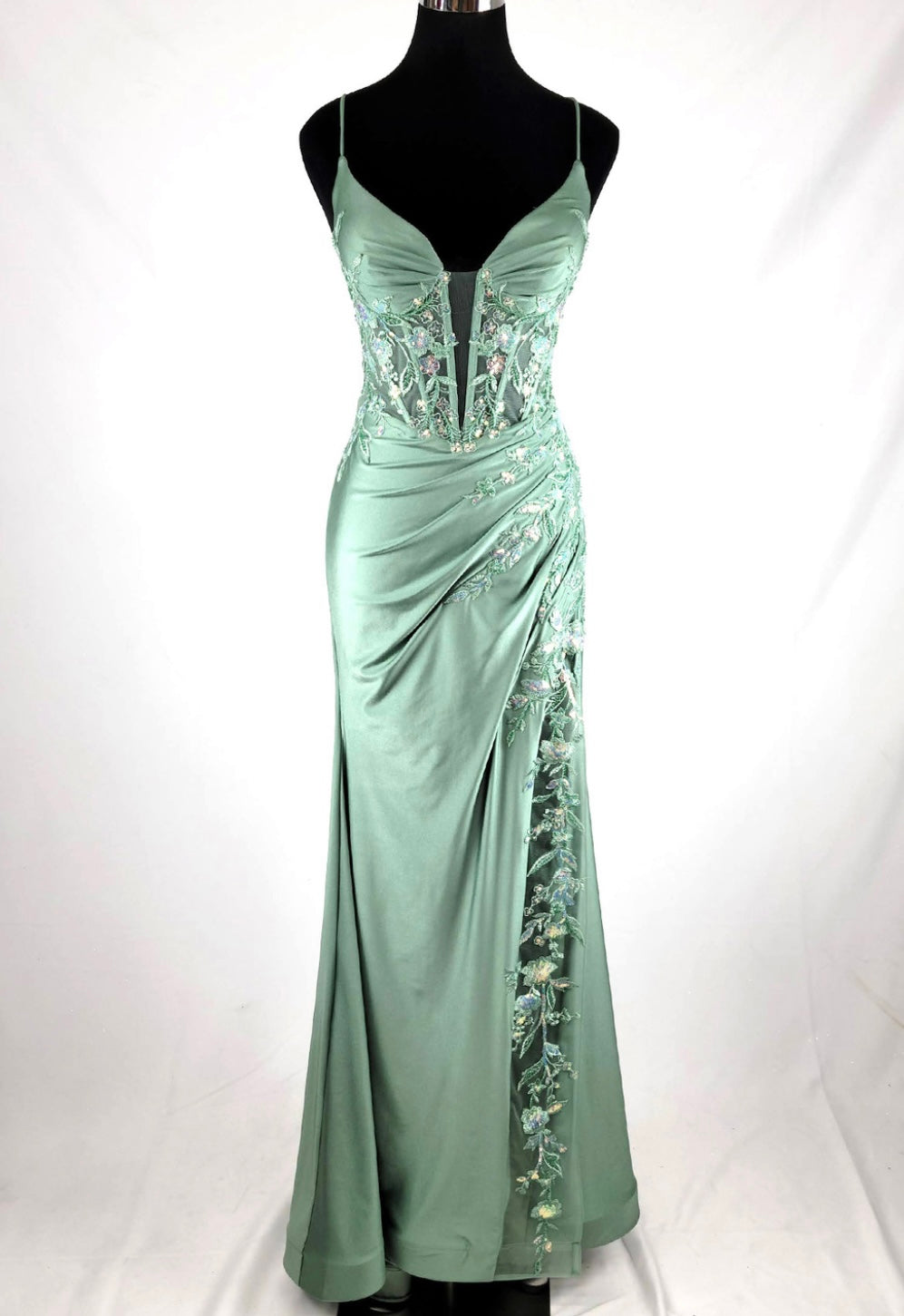 Chicas D502 Evening Black Illusion Floor-Length High-Slit Sequin Satin Dress